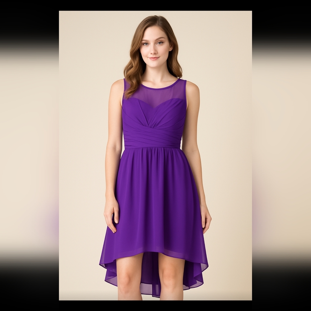 Alfred Angelo Purple Chiffon High-Low Formal Dress Ruched Bodice – Size 16.